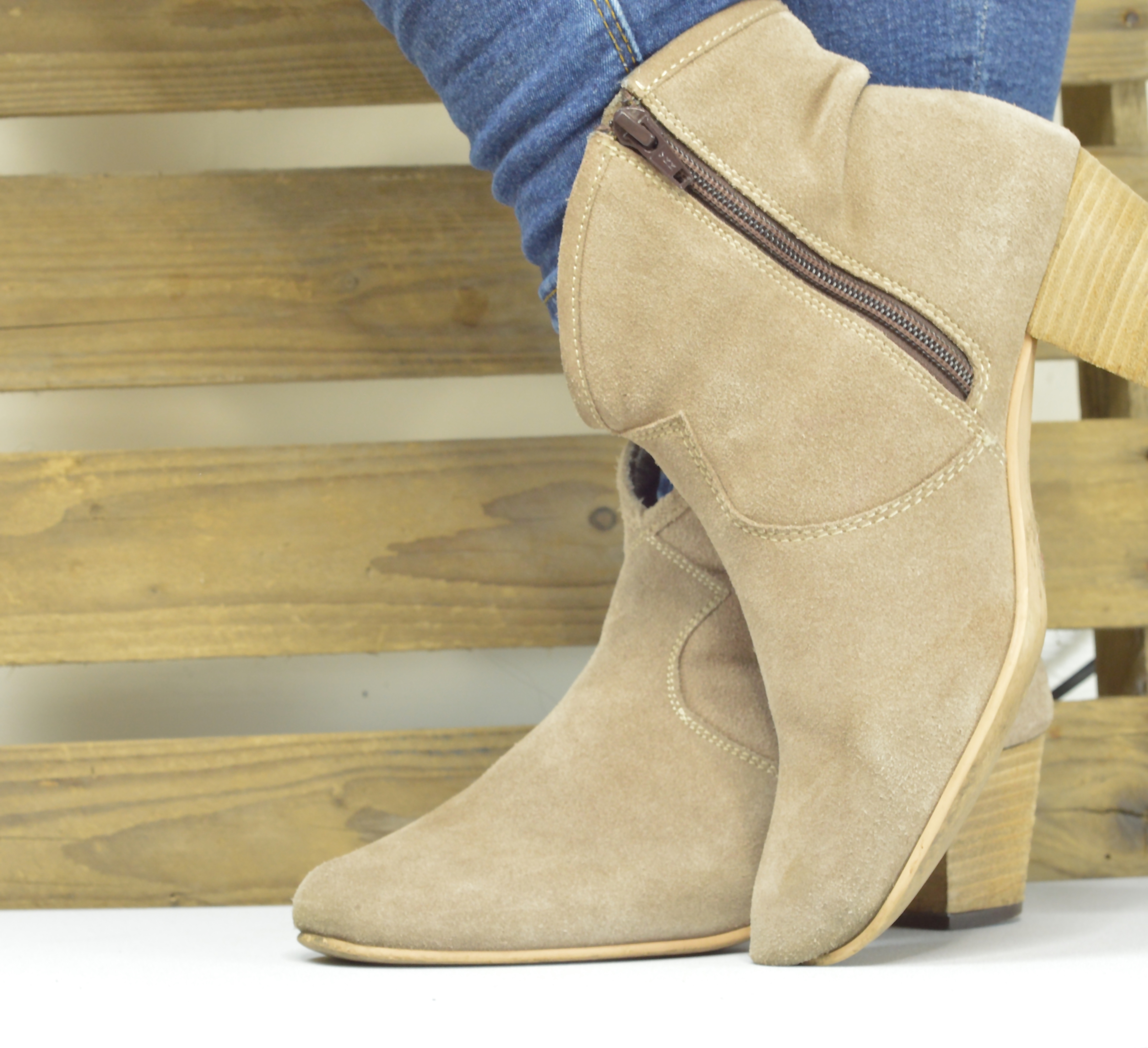 Ravel Alicia Mid Heel Ankle Boots in Beige Suede